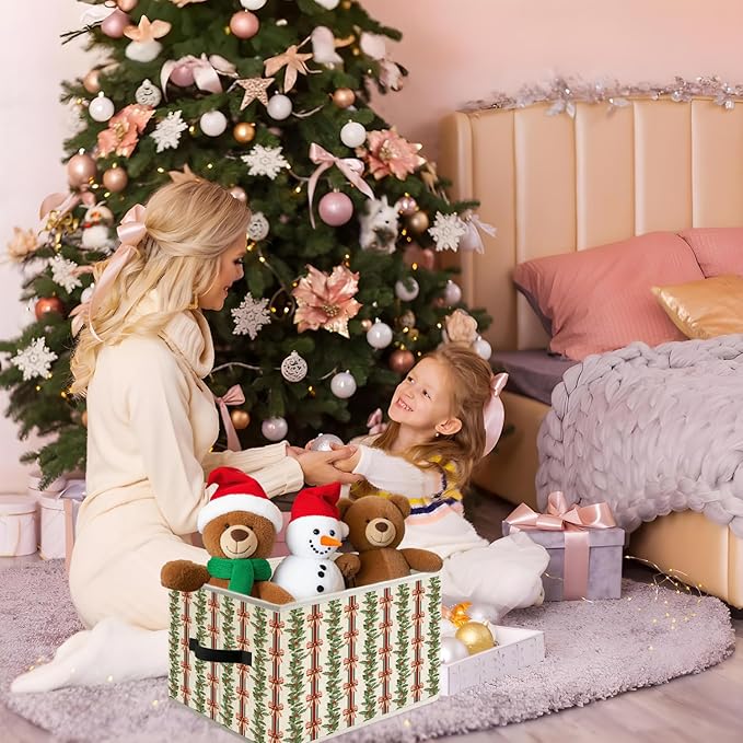 Red and Green Coquette Bow Holly Striped Christmas Storage Bin Box with Handles, Vintage Holiday Christmas Foldable Organizer Basket Toybox for Girls Room Bedroom Bathroom Clothes Toys Books