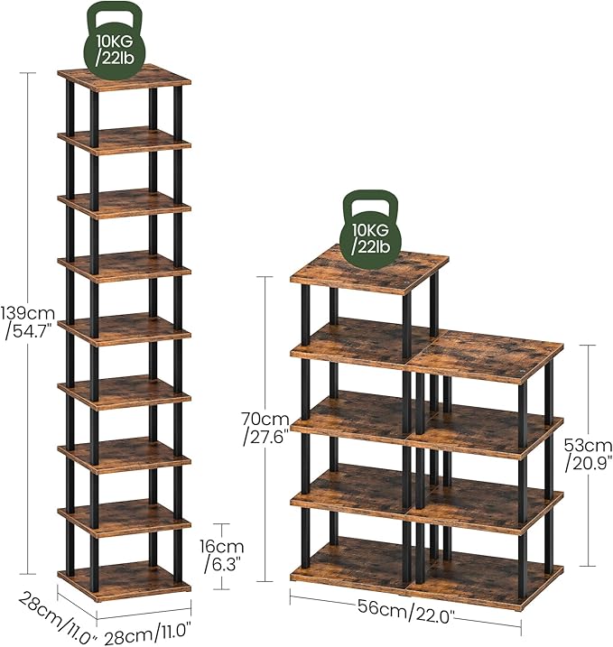 9-Tier Vertical Shoe Rack, DIY Corner Shoe Rack for Entryway, Narrow Shoe Shelf, Tall Storage Organizer, Saving Space, for Small Spaces, Entryway, Hallway, Rustic Brown and Black MXJ01BF