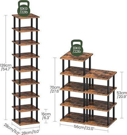 9-Tier Vertical Shoe Rack, DIY Corner Shoe Rack for Entryway, Narrow Shoe Shelf, Tall Storage Organizer, Saving Space, for Small Spaces, Entryway, Hallway, Rustic Brown and Black MXJ01BF