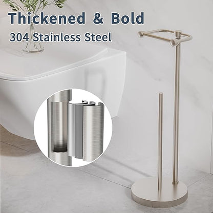 Toilet Paper Holder Stand, Post Pivoting Design Free Standing Toilet Paper Holder with Storage for 4 Rolls, SUS304 Stainless Steel Tissue Holder with Reserve, Heavy-Duty Base (Brushed Nickel)