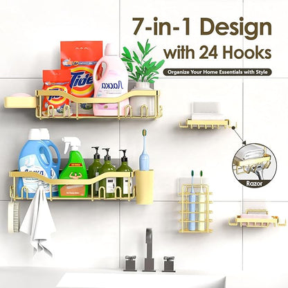 Shower Caddy Adhesive Shower Organizer 7-Pack, Rustproof Stainless Steel Bathroom Shelves, Large Capacity No-Drill Rack Storage Accessories with Soap Dish Toothbrush Holder Hooks