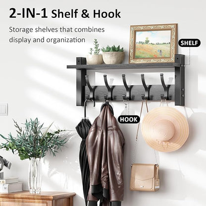 Coat Rack Wall Mount with Shelf, 17.1 Inch Coat Hanger Walls Mounted, Hat Rack for Walls, Shelf with 5 Coat Hooks, Wall Hanger for Entryway (Black)