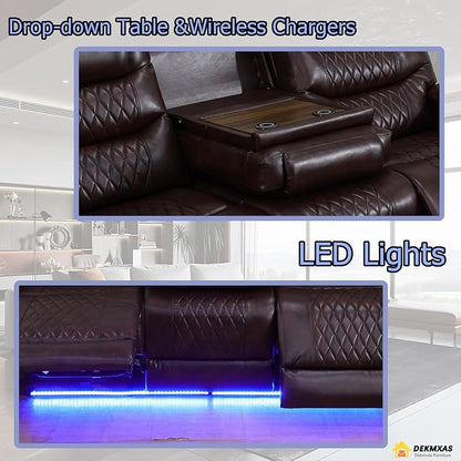 Living Room Furniture Sets, 3-Piece Power Reclining Breathing Leather Sofa Set with Storage Console, 5 Power Recliner Seats/Cup Holder/LED Light/USB Port for Living Room Sofa, Office