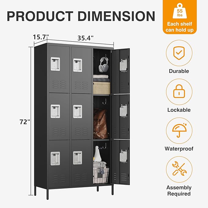 Letaya Metal Lockers for Employees-9 Door Storage Locker with Shelves and Lockable Steel Cabinet for School,Gym,Office,Staff(Black, 9 Door)