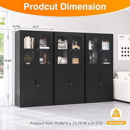 Metal Storage Cabinet with Glass Doors, Lockable Office Storage Cabinet, 71" Tall Display Case with Adjustable Shelves for Home Office,School and Hospital (Black)