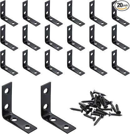 HOME MASTER HARDWARE L Bracket Corner Brace Sets, 1-1/2 " Right Angle Bracket, Metal L Brackets for Shelves Wood Furniture Frame with Screws 20 Pack,Black