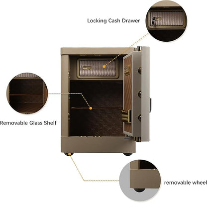 XPEDITION 3.38 cu.ft Vintage Retro Home Safe with Wheels, Large Digital Safe Box with Key, Built-In Drawer, Removable Shelf, Fireproof Waterproof Bag, Aesthetic Beige Safe for Bedroom Decor