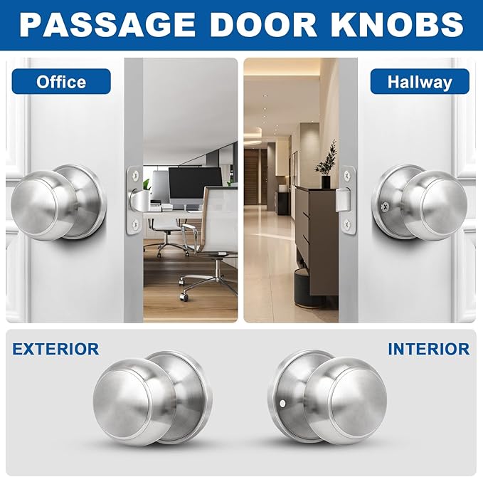 Sopoby Brushed Nickel Door Knob, 8 Pack Round Keyless Doorknobs Interior/Exterior Lockset, Passage Door Knobs for Bedroom/Bathroom, Modern Design Door Hardware