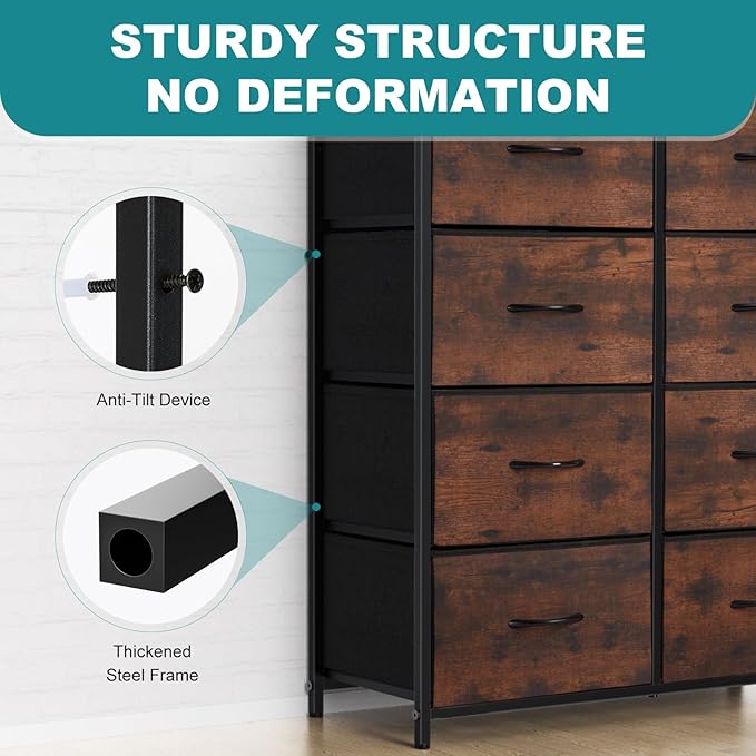 OLIXIS 8 Drawer Storage Dresser with Wood Top - Wide Fabric Chest Organizer for Bedroom, Closet, Living Room,Tower Cabinet, TV Stand, Hallway Entryway Furniture,Brown