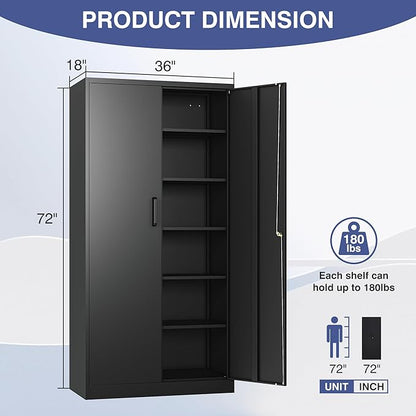 Metal Storage Cabinet with Lock,72" Tall Storage Cabinet with Doors and Adjustable Shelves,Steel Locking Cabinets for Garage,Home Office,Pantry,School,Hospital(Black)