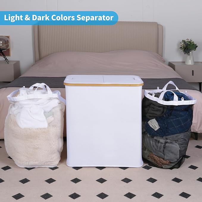 efluky Laundry Hamper with Lid, Double Laundry Hamper with 2 Removable Bags, 2 Section Laundry Basket with Bamboo Handles for Bathroom, Bedroom & Laundry Room -White
