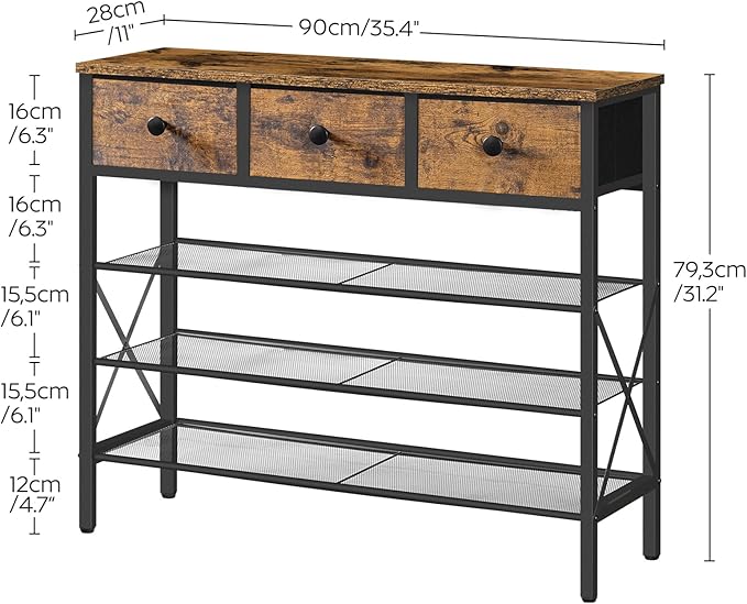 4-Tier Shoe Rack with 3 Drawers, Metal Shoe Organizer for 15 Pairs with Storage Shelves and Wooden Top, for Entryway, Hallway, Foyer, Closet, Rustic Brown and Black SS34BR