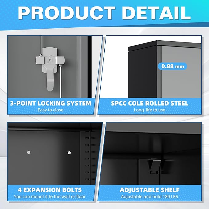 Bonusall Garage Cabinet with Lock, 2 Doors Metal Tool Cabinets with 4 Adjustable Shelves, Lockable Steel Cabinet for Home Office, Warehouse，School(Black Grey)
