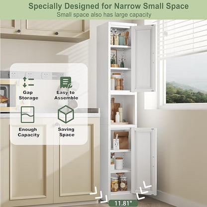67" Tall Narrow Storage Cabinet Metal Bathroom Cabinet with 2 Doors & 4 Adjustable Shelves, Standing Pantry Cabinets Cupboard for Kitchen, Dining Room, Living Room and Bathroom (White)