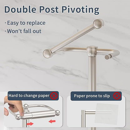 Toilet Paper Holder Stand, Post Pivoting Design Free Standing Toilet Paper Holder with Storage for 4 Rolls, SUS304 Stainless Steel Tissue Holder with Reserve, Heavy-Duty Base (Brushed Nickel)