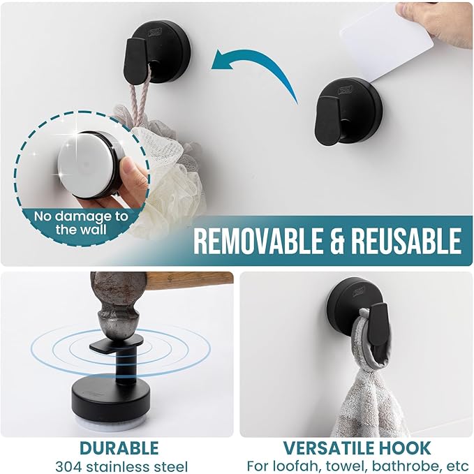 TAILI 304 Stainless Steel Bathroom Suction Hooks for Towel, Bathrobe, Loofah, Patented Strong Suction Cup Holder, No Damage Hanging Glass Shower Wall Hook, Retro High-Rise Design, 2 Pack, Black
