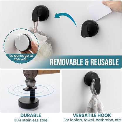 TAILI 304 Stainless Steel Bathroom Suction Hooks for Towel, Bathrobe, Loofah, Patented Strong Suction Cup Holder, No Damage Hanging Glass Shower Wall Hook, Retro High-Rise Design, 2 Pack, Black
