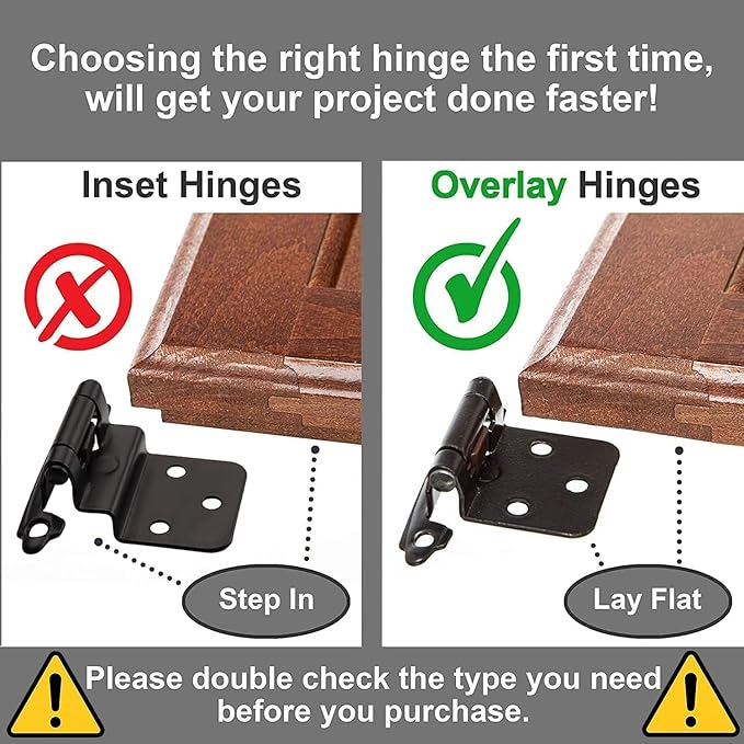 Decobasics 1/2" Overlay Matte Black Cabinet Hinges (5 Pair -10 Pcs) Self Closing Bath & Kitchen Cabinet Hinges Black Flush Mount w/Door Bumpers & Upgraded Screws