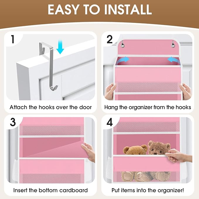 6-Tier Over The Door Organizer Hanging Storage Organizers with Clear Window 40lb Large Capacity Room Organizer for Pantry Bathroom Nursery Closet(Pink)