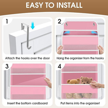 5-Tier Over The Door Organizer Hanging Storage Organizers with Clear Window 40lb Large Capacity Room Organizer for Pantry Bathroom Nursery Closet(Pink)