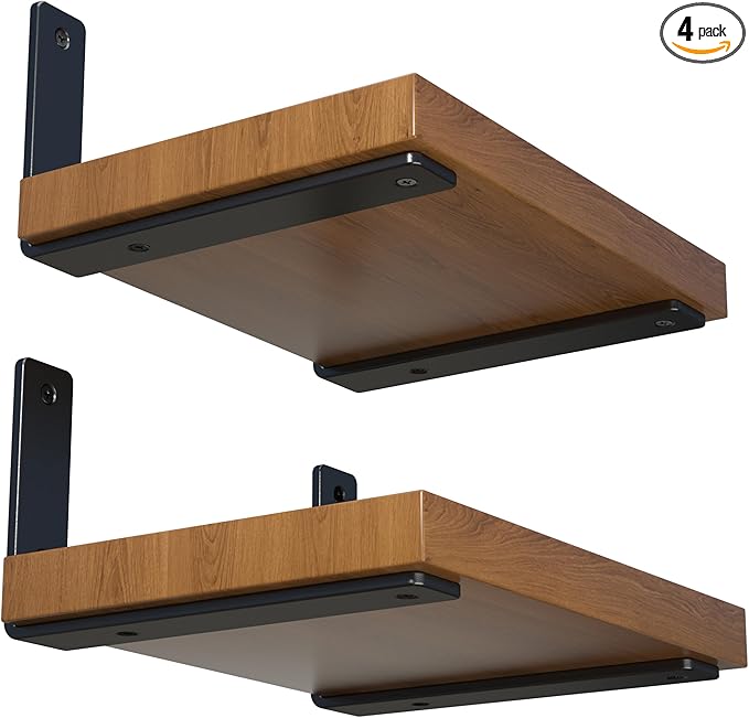 4-Pack 10 Inch Heavy Duty Shelf Brackets, Premium Floating L Bracket for Wall, Kitchen, Mantel Shelves Support | Quarter Inch (1/4") Thick | Black Powder Coated Steel
