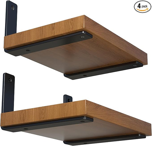4-Pack 10 Inch Heavy Duty Shelf Brackets, Premium Floating L Bracket for Wall, Kitchen, Mantel Shelves Support | Quarter Inch (1/4") Thick | Black Powder Coated Steel