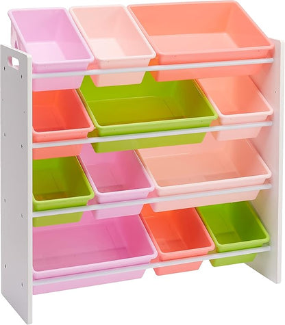 Amazon Basics Kids Toy Storage Organizer with 12 Plastic Bins, White Wood with Pink Bins, for Bedroom and Playroom, 10.9" D x 33.6" W x 31.1" H