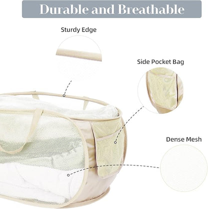 Durable Collapsible Laundry Baskets, Mesh Pop Up Laundry Hamper with Side Pocket, Foldable Clothes Storage Hamper with Reinforced Carry Handles for Laundry, Bathroom, Kids Room, Dorm or Travel Beige