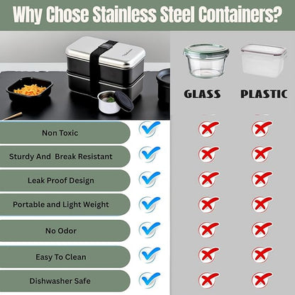 Leak Proof Stainless Steel Bento Box, Stainless Steel Lunch Box For Adults, Metal Bento Box, Japanese Lunch Container, Large With Compartment, Korean Bentobox, Non Toxic, Microwave Safe