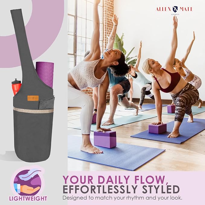 ALLEN & MATE 100% Cotton Yoga Mat Bag for Women and Men, Large Pocket with Zipper Storage, Shoulder Strap Carrier for Yoga and Pilates Mats