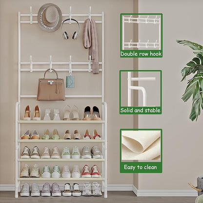Coat Rack Shoe Rack With Storage Shelf Freestanding with 8 Hooks for Entryway Bedroom Closet (White, 4Tiers)