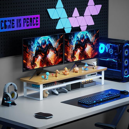 Dual Monitor Stand, 35.4 Inch Monitor Stand Riser for 2 Monitors, 2 Tiers Wood Desk Shelf with Storage, Desktop Organizer Stand for Computer, Laptop, Printer, TV (Cherry Wood, 35.4in)