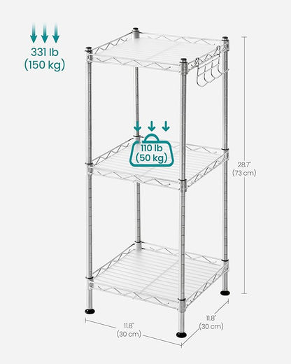 SONGMICS 3-Tier Bathroom Shelf, Storage Rack for Small Space, with 3 PP Shelf Liners, Removable Hook, Extendable Design, Silver and Translucent ULGR103E01