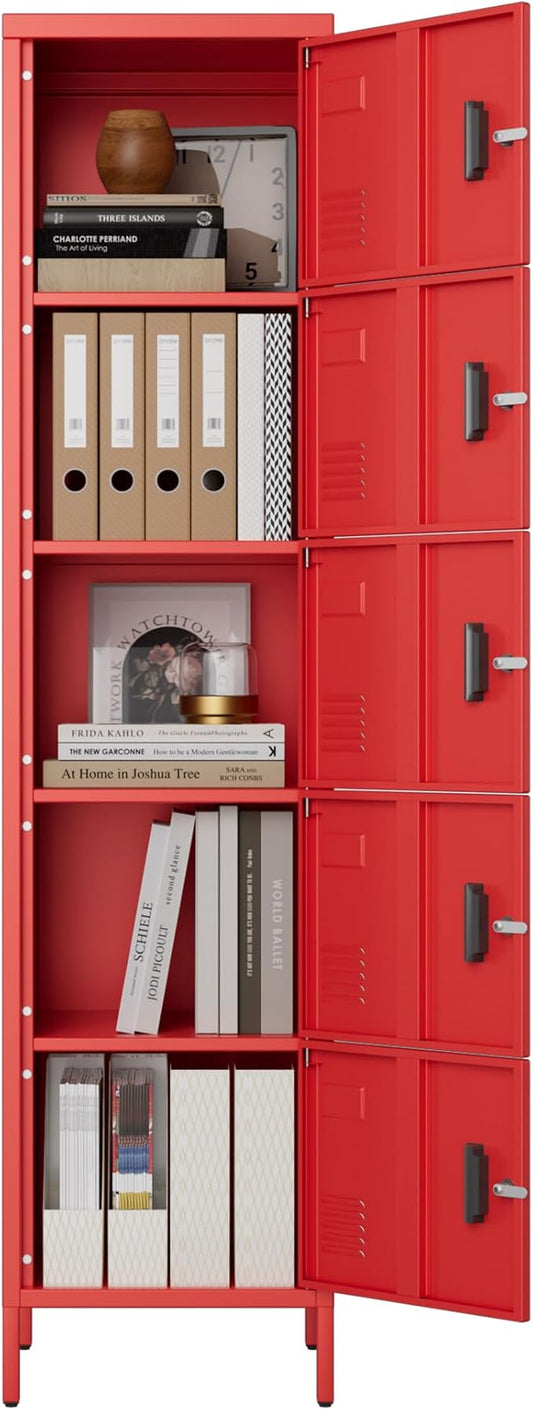 Metal Locker with Lock and Ventilation Holes,Metal Storage Locker with Business Card Slot for Home,Gym,Garage,School,Office,15.8" D x 15.8" W x 66" H Assembly Required,Red