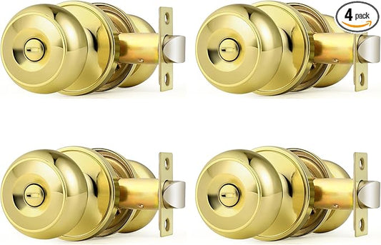 Probrico Gold Interior Door Knobs for Bedroom Bathroom, Polished Brass Privacy Door Knob Keyless Door Lock with Round Ball Knob, 4 Pack