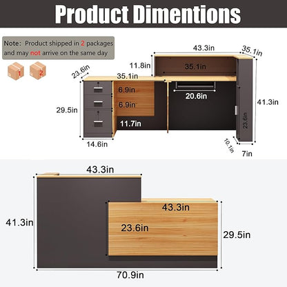 L-Shaped Reception Desk with Lockable Drawers, Adjustable File Cabinet & Keyboard Tray, Modern Front Counter for Office, Salon, or Lobby (Left-L Natural Wood/Slate Gray, 70.9''L x 23.6''W x 41.3''H)
