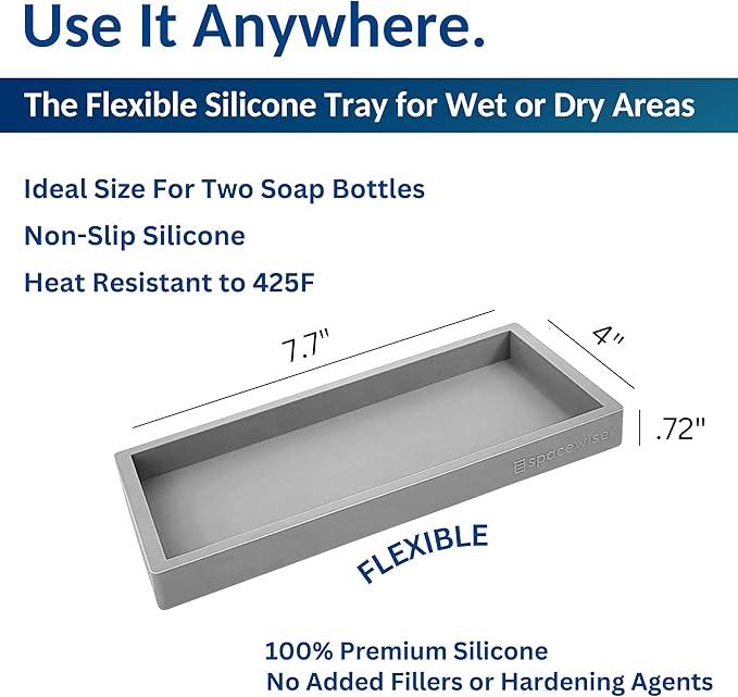 Countertop and Vanity Tray - Small 7.7" Silicone Tray for Soap Dispenser Bottles, Bathroom Trays, Kitchen Sink Soap Trays, Sink Caddy Kitchen Sinks Organizer, Soaps Dish & Sponge Holder Mat