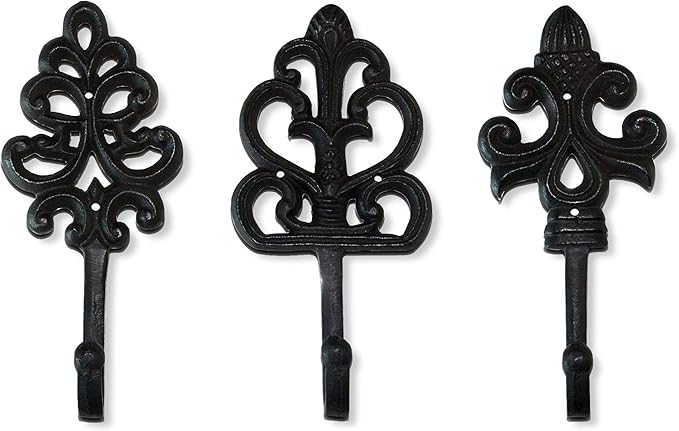 Wallcharmers Set of 3 Rustic Decorative Wall Hooks 8” | Victorian Shabby Chic Fleur De Lis Antique Towel Hooks for Hanging | Gothic Cast Iron Farmhouse Indoor Outdoor Key, Dog Leash, & Towel Hanger