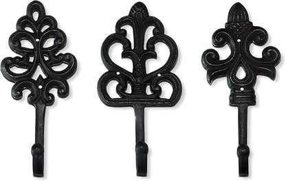 Wallcharmers Set of 3 Rustic Decorative Wall Hooks 8” | Victorian Shabby Chic Fleur De Lis Antique Towel Hooks for Hanging | Gothic Cast Iron Farmhouse Indoor Outdoor Key, Dog Leash, & Towel Hanger