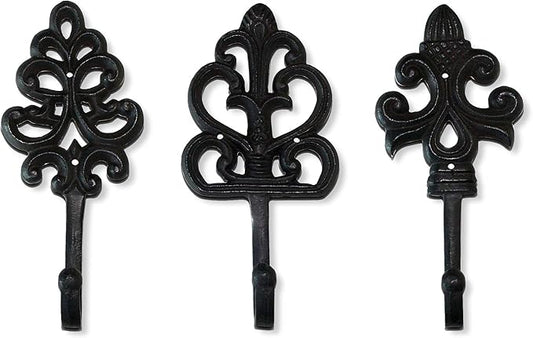 Wallcharmers Set of 3 Rustic Decorative Wall Hooks 8” | Victorian Shabby Chic Fleur De Lis Antique Towel Hooks for Hanging | Gothic Cast Iron Farmhouse Indoor Outdoor Key, Dog Leash, & Towel Hanger