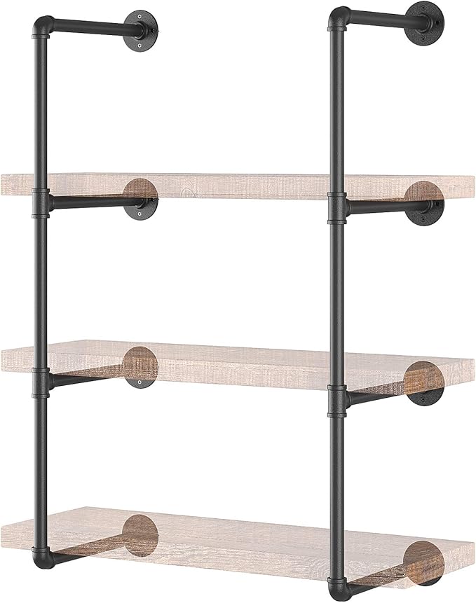Yuanshikj 2Pc (42" Tall,12" deep) Industrial Wall Mount Iron Pipe Shelf Shelves Shelving Bracket Black Bookshelf DIY Storage offcie Room Kitchen (2 Pcs 4Tier Hardware Only)