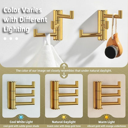 Angle Simple Towel Hooks Swivel, 304 Stainless Steel 3 Arms Foldable Hand Towel Holder, Coat Hooks, Brushed Dark Gold, 2 Pack