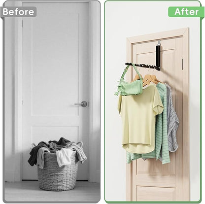 Over the Door Hooks, Extended Over the Door Clothes Hanger with 10 Ridges,Space-Saving Over the Door Rack,Door Hooks for Hanging Clothes,Larger Capacity Over the Door Hanger (2, Black)