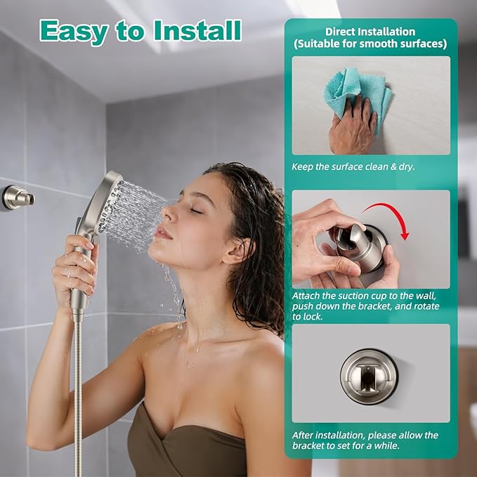 2 Pack Vacuum Suction Cup Shower Head Holder, Removable Shower Head Bracket, Height Adjustable Wall Mount ABS Plastic Suction Holder for Handheld Showerhead, Brushed Nickel