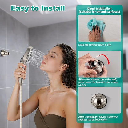 2 Pack Vacuum Suction Cup Shower Head Holder, Removable Shower Head Bracket, Height Adjustable Wall Mount ABS Plastic Suction Holder for Handheld Showerhead, Brushed Nickel