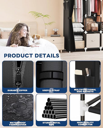 Mavivegue Clothes Organizer with 4 Hanging Rods, Portable Closet Wardrobe, Non-Woven Fabric Cover, Large Capacity Storage for Bedroom and Living Room,Black, 67" W x 17" D x 67" H