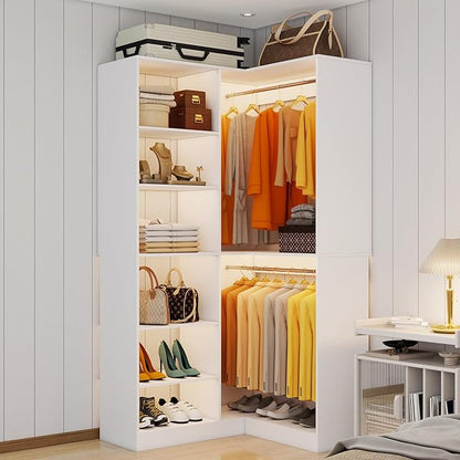Corner Closet System with 6 Shelves, Custom 39.4"-78.8" Closet Organizer System with 3Hanging Rods, Walk in Corner Closet Organizers and Storage System, Freestanding Closet Storage System Corner,White