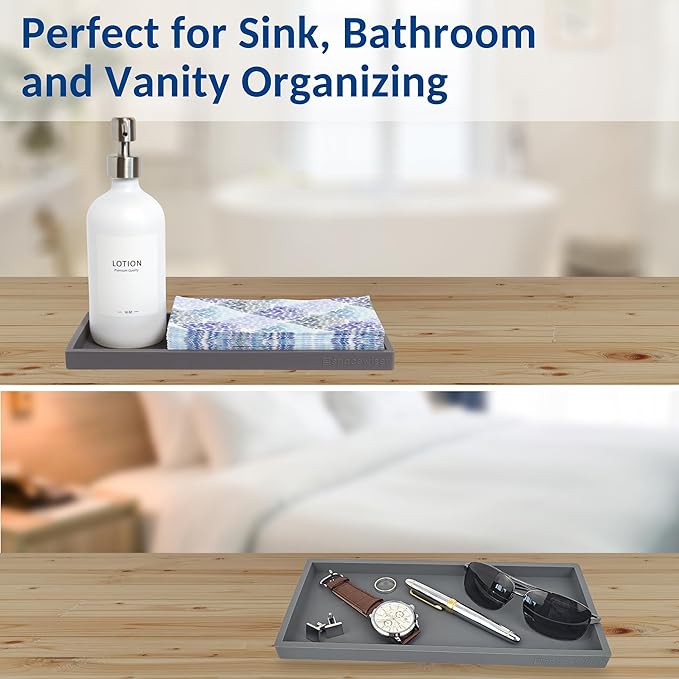 Countertop and Vanity Tray - 2 PC Large 11.7" Silicone Bathroom Trays, Counter Organizer, Dish Soap Sponge Holder Kitchen Sink Tray Organizer, Sink Caddy Toothbrush Key Kitchen Soap Trays