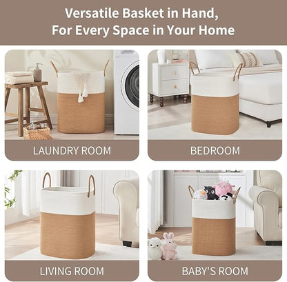Laundry Basket with Handles - Blanket Basket & Hampers for Bedroom Aesthetic, Laundry Hamper & Blanket Storage for Living Room, Clothes Hamper, Tall, Large 17" x 14" x 22”, White & Jute