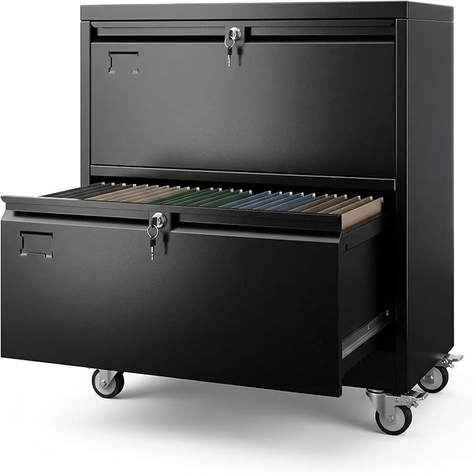 Aobabo 2 Drawer Lateral File Cabinet with 4 Detachable Wheels,Steel Filing Storage with Independent Locks and Index Card Holders for Home Office, 15.87" D x 28.94" W x 34" H, Black,Required Assembly